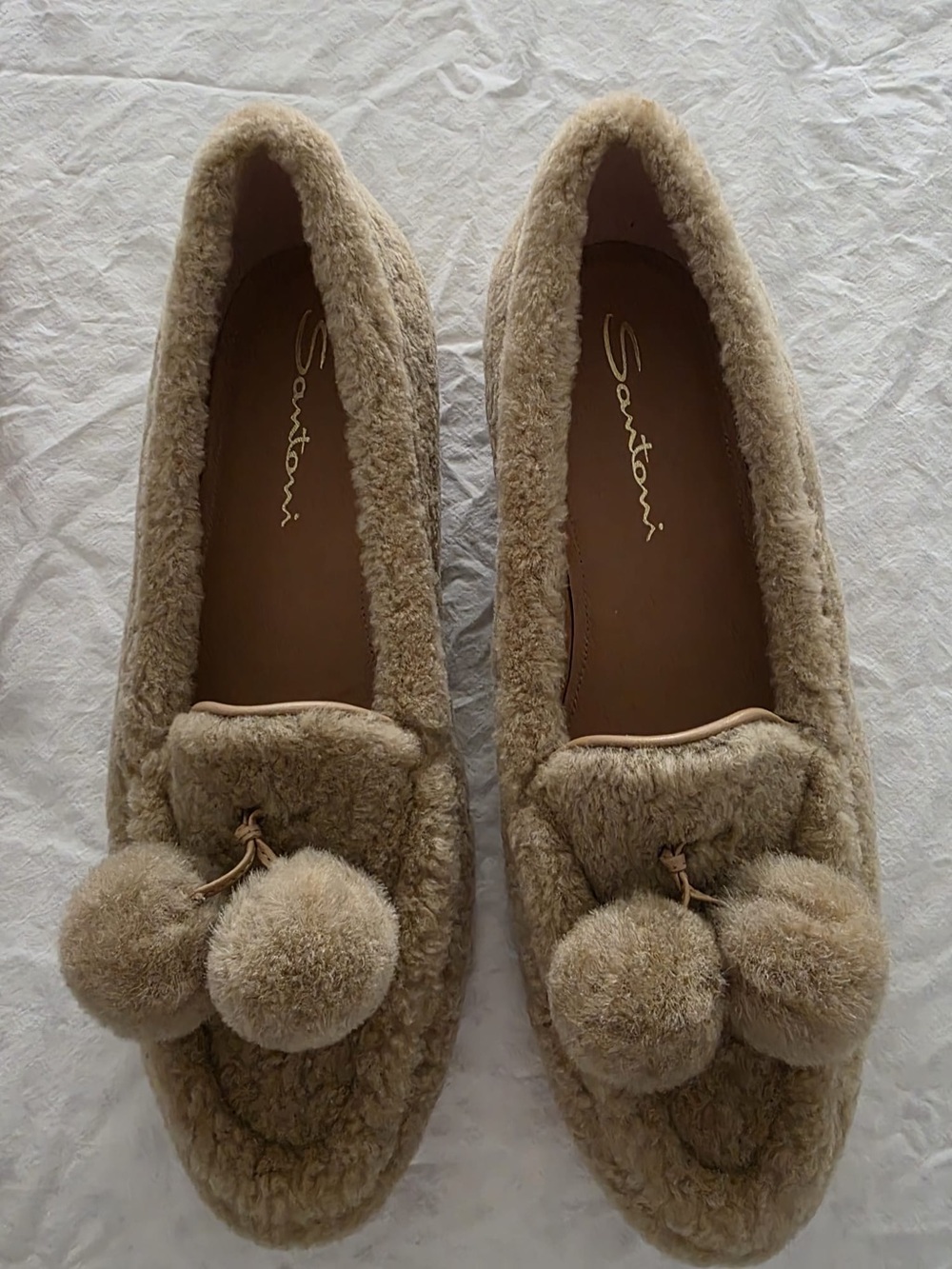 Santoni Women's Beige Shearling Pom-Pom Slippers